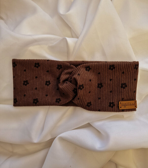 Cord Stirnband "Blumen dunkelbraun"