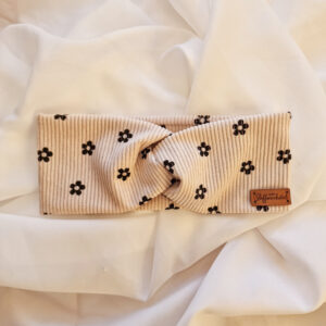 Cord Stirnband "Blumen beige schwarz"